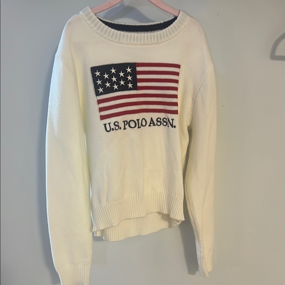 U.S. Polo Assn. White Crew Neck Sweater with American Flag